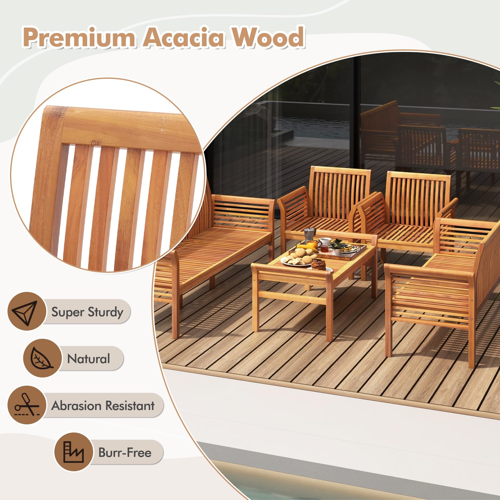 Tangkula 5 Piece Patio Furniture Set, Acacia Wood Conversation Set with 3-Seat Bench, Loveseat, 2 Armchairs & Coffee Table, Cushioned Outdoor Chair Set for Porch, Balcony (Off White)