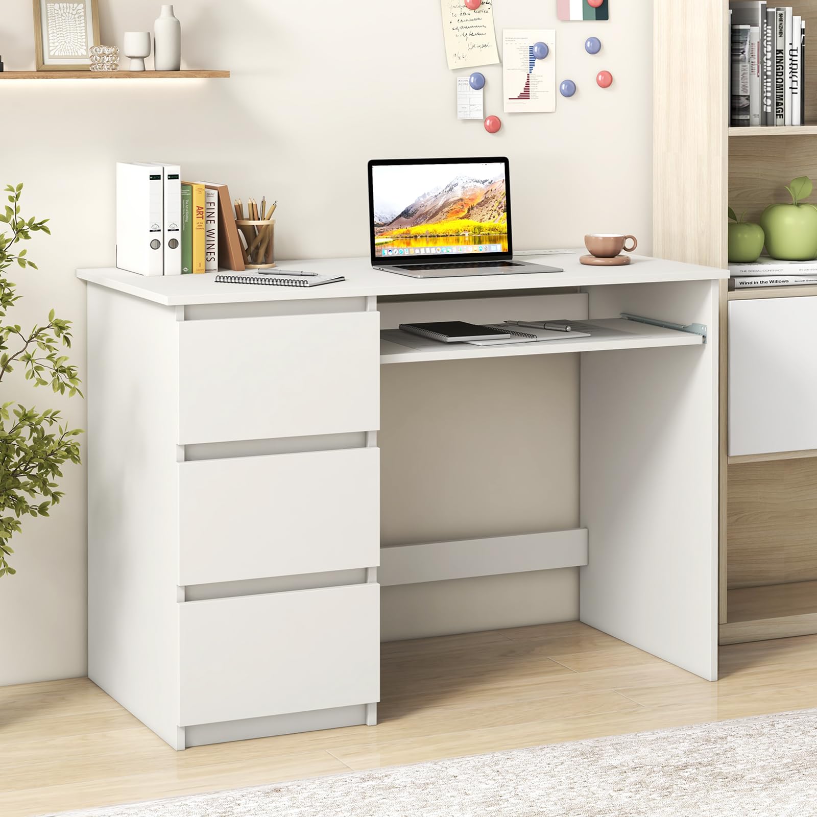 Giantex White Computer Desk with Power Outlet, Modern Office Desk with Keyboard Tray & 3 Large Drawers, 42" Writing Desk Vanity Table with Type-C & USB Ports for Bedroom, White