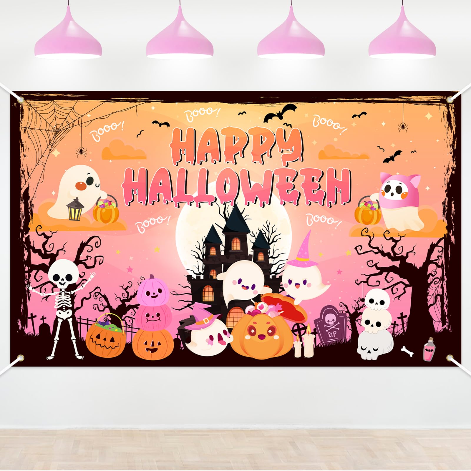 Lecheme Happy Halloween Backdrop Orange Pink Halloween Backdrop for Kids Cute Ghost Pumpkin Spooky Castle Halloween Banner Halloween Photo Booth Background