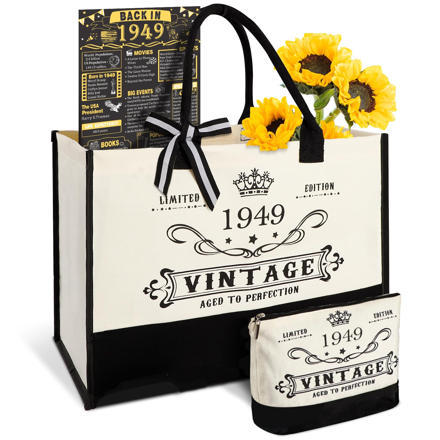 75th Birthday Gifts for Women Canvas Tote Bag Travel Gear, Unique 75 Years Old Birthday Gifts for Mom Wife Aunt Friends Her Turning 75, Vintage 1949 Beach Bag & Cosmetic Bag & Back in 1949 Poster