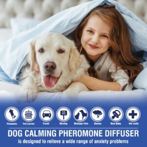 Dog Pheromone Calming Diffuser 4 In 1 Appeasing Pet Pheromones Diffuser to Calm Kit (Plug in+ 3 Pack 48ml Refill) for Anxiety Relief Reduce Barking Aggression Fighting Stress 90 Day Supply(Tasteless)