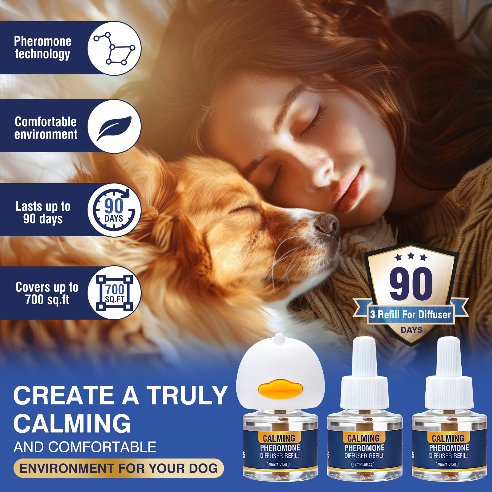 Dog Pheromone Calming Diffuser 4 In 1 Appeasing Pet Pheromones Diffuser to Calm Kit (Plug in+ 3 Pack 48ml Refill) for Anxiety Relief Reduce Barking Aggression Fighting Stress 90 Day Supply(Tasteless)