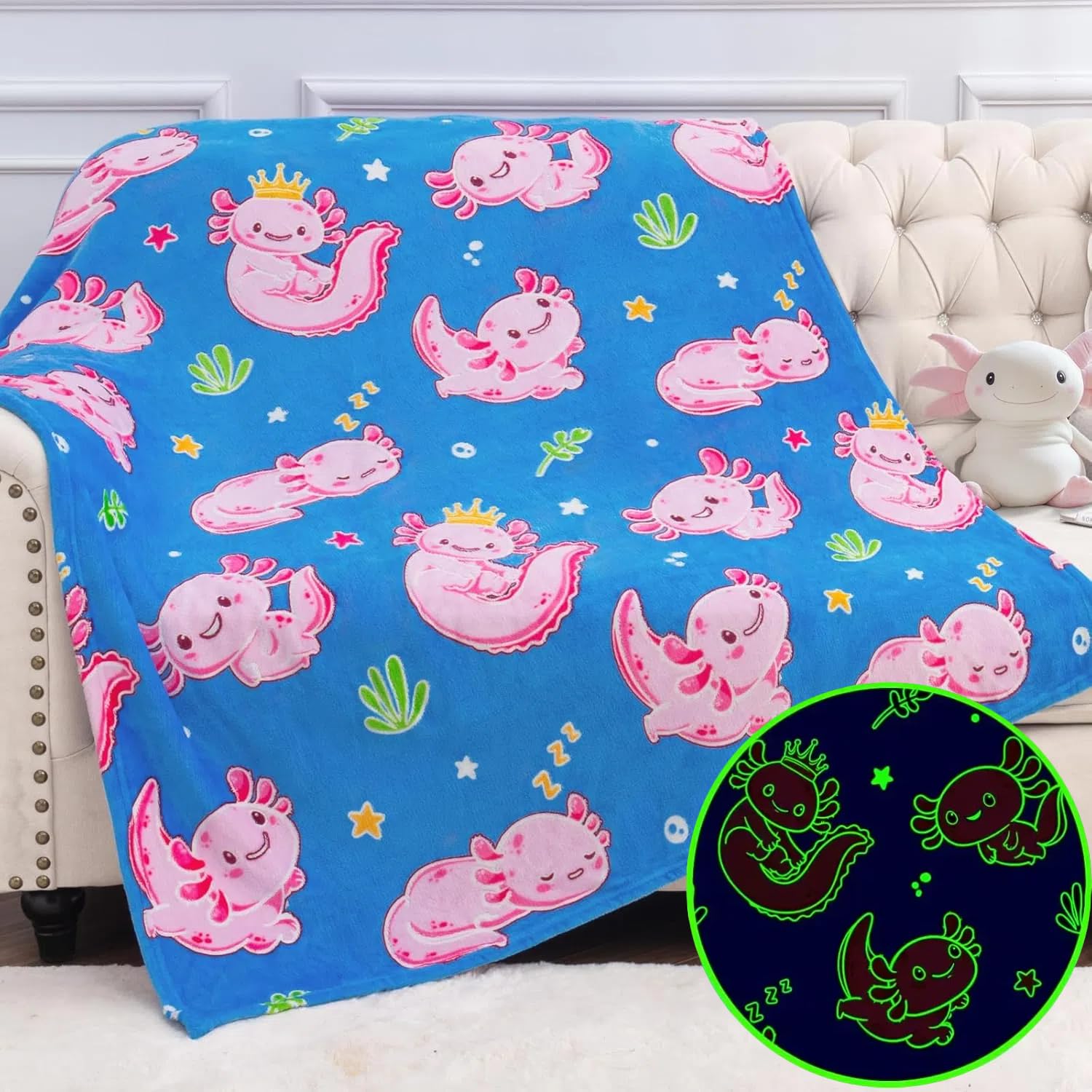 Axolotl Toys Gifts for Girls - Pink Axolotl Blanket Glow in The Dark for Kids Ages 1 2 3 4 5 6 7 8 9 10 11 12 - Axolotl Toy Costume Decorations for Toddler Baby Teens Birthday Christmas Child Gifts