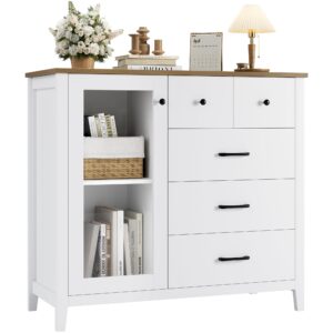 hostack 5 drawer dresser with glass door, white dresser for bedroom, modern chest of drawers with shelves, tall dresser wood storage cabinet for bedroom, living room, white/rustic brown