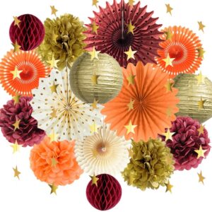 fall party decorations orange burgundy gold paper pom poms paper fans paper lanterns gold satr garland banner for fall autumn harvest birthday thanksgiving party supplies