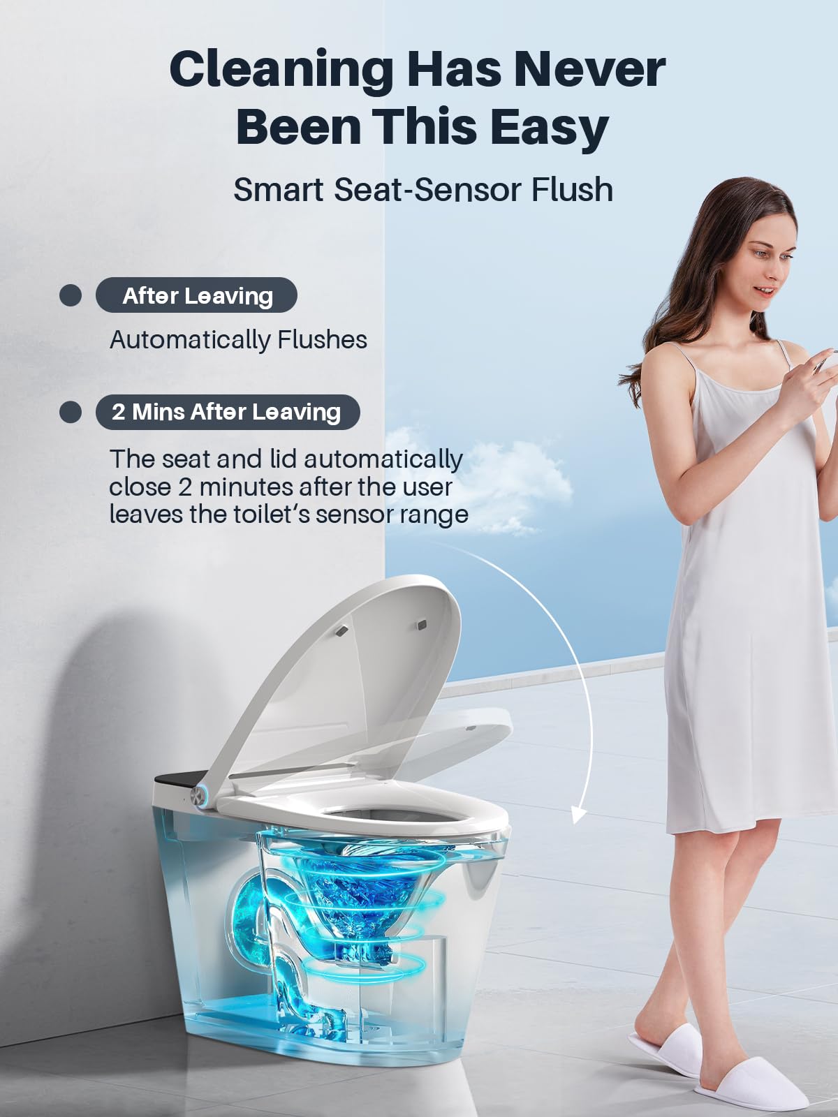 Smart Toilet with Built-in Tank & Bidet Auto Open/Close Foot Sensor Flush Dryer Heated Seat Soft Close Elongated One-Piece Design (ZY695A)