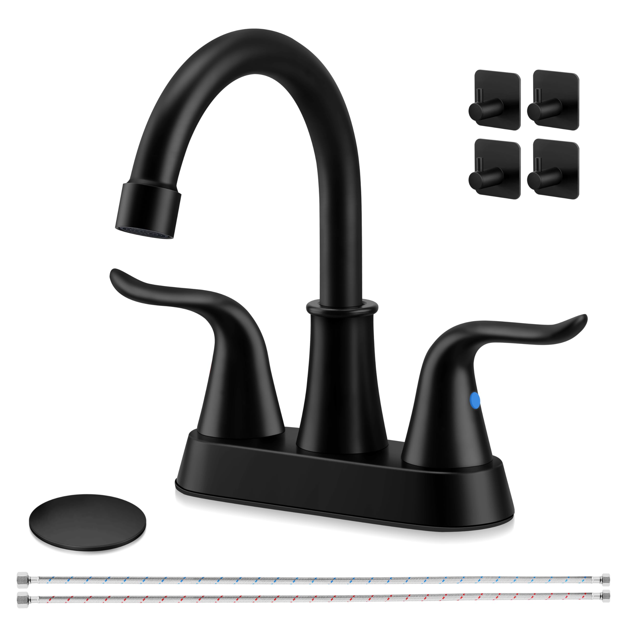 Bathroom Faucet for 3 Hole, Homikit 4 Inch 2-Handle Bathroom Sink Faucet, Matte Black Bathroom Faucets for Sink Vanity RV Lavatory, Stainless Steel Faucet for Bathroom Sink with Drain & Hoses & Hooks