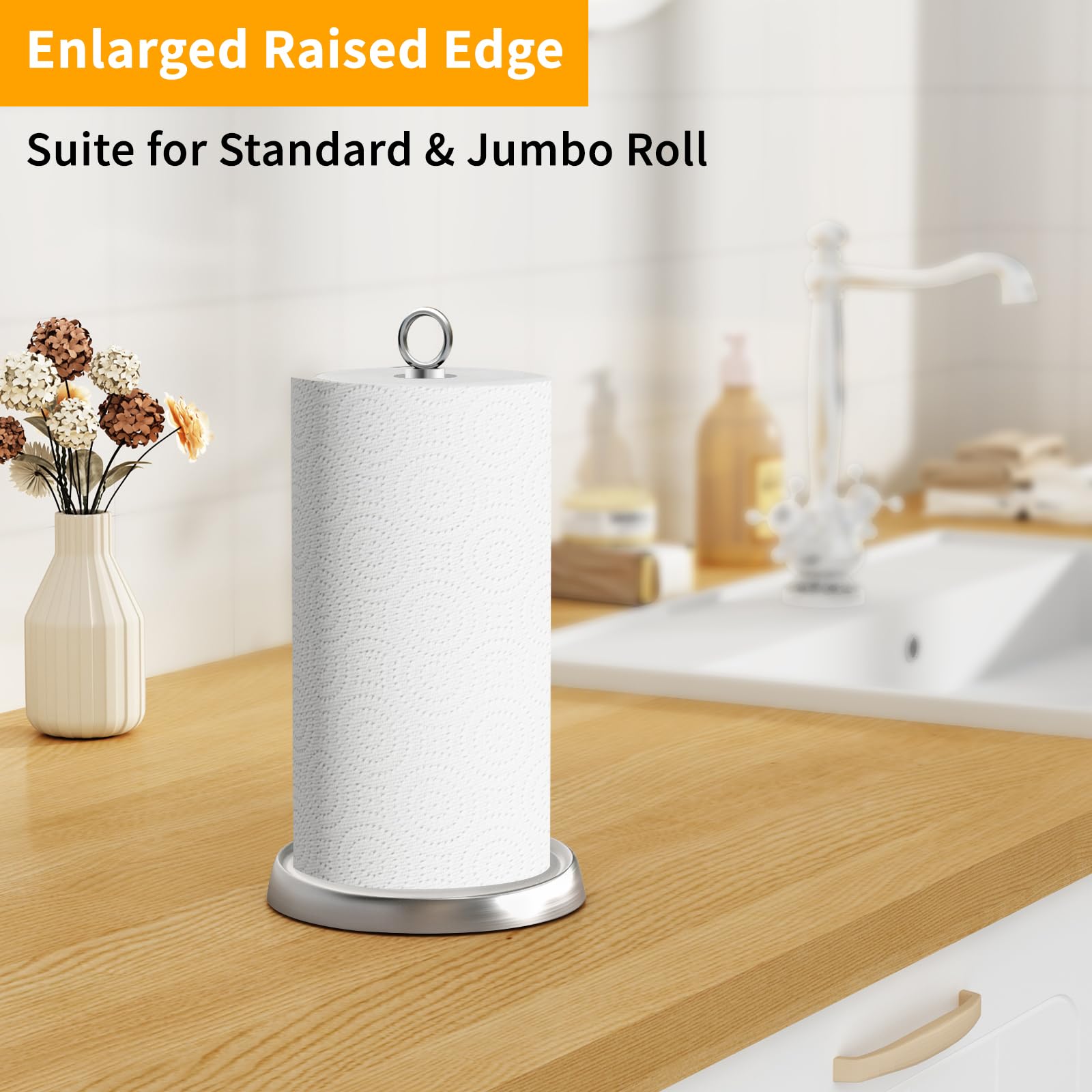 Paper Towel Holder Countertop, Silver Stainless Steel Paper Towel Holder for Standard & Jumbo Rolls, Paper Towel Holder Stand with Weighted Anti-Slip Base for Kitchen Bathroom