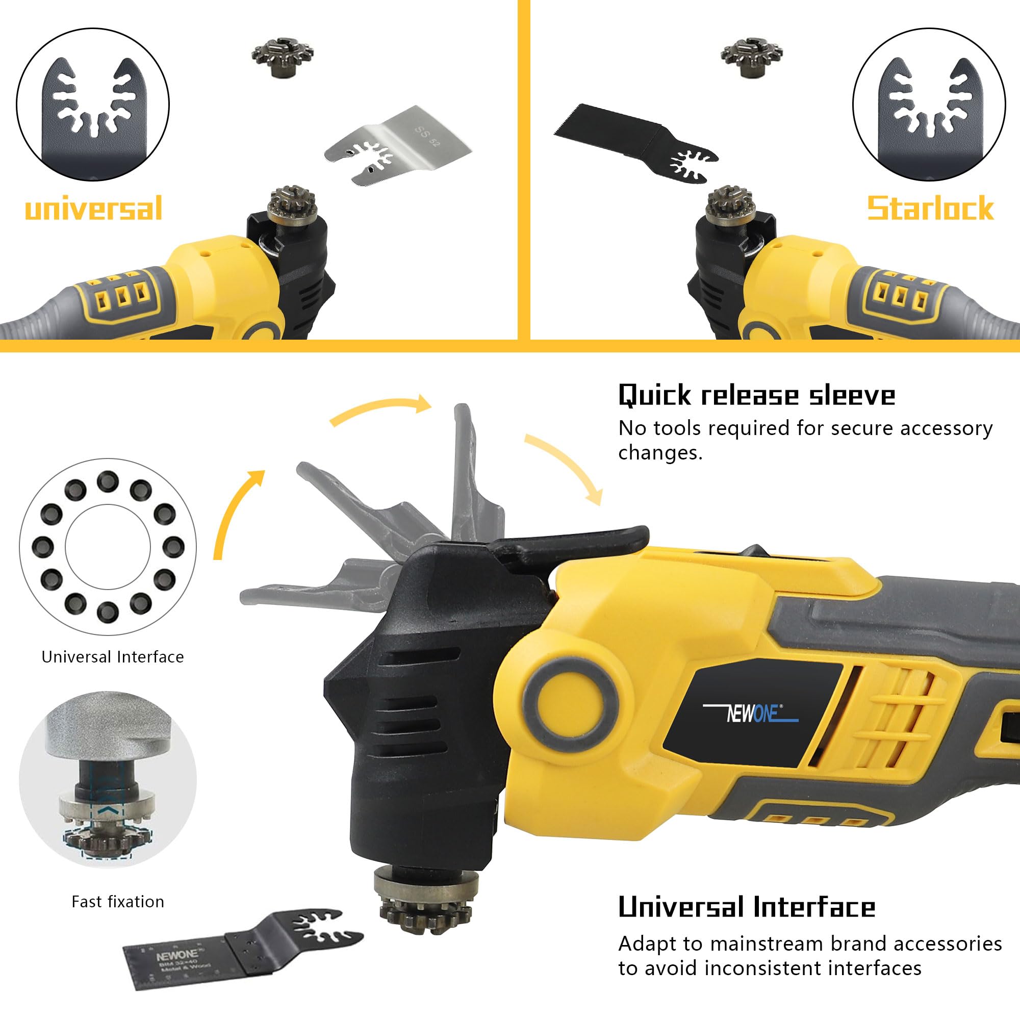 NEWONE Oscillating Tool Compatible with De-Walt 20V Battery Anti-vibration Oscillating Multi-Tool Kit with 3.6° Oscillation Angle,6 Variable Speed,16-piece Electric Multitool Blades,Box