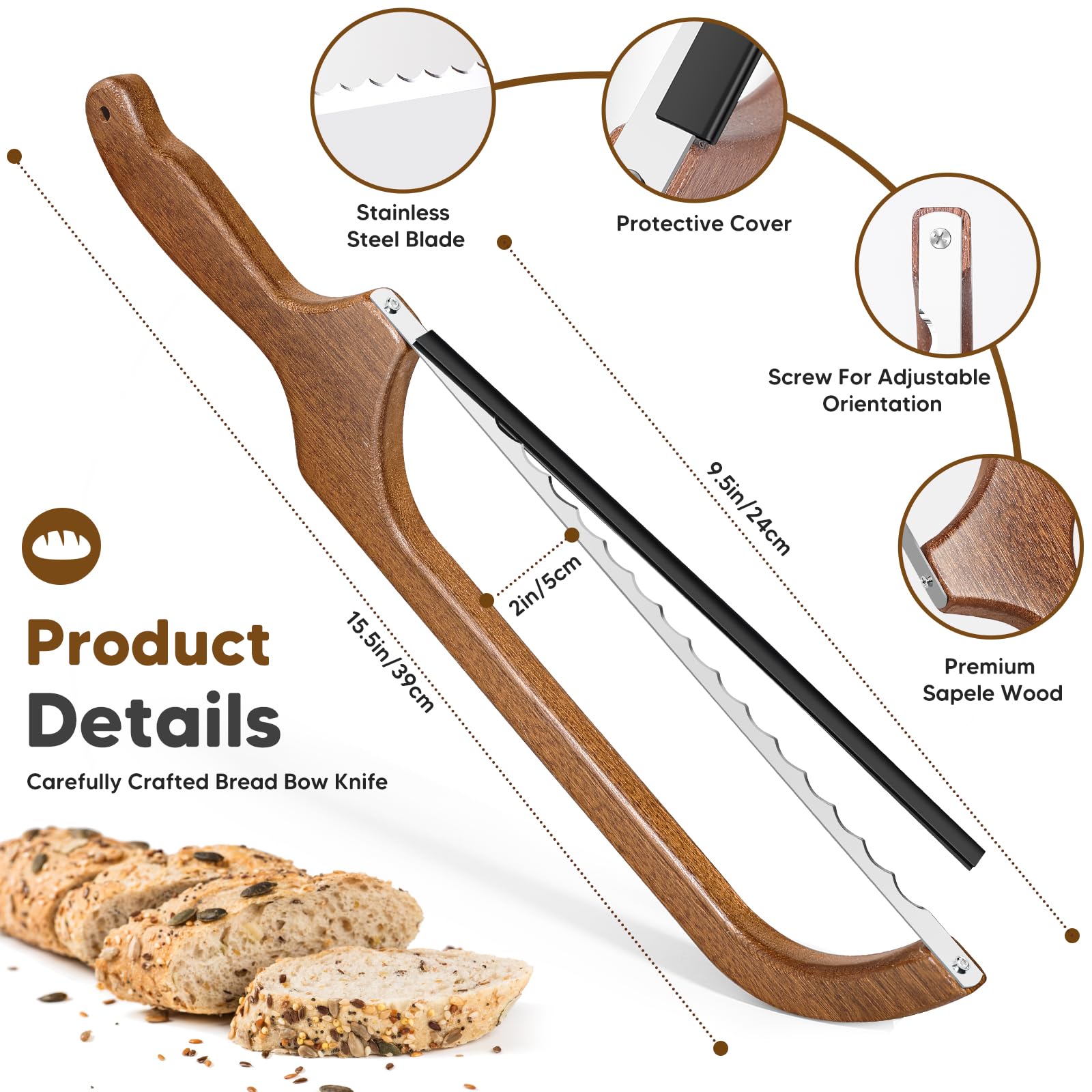 MOTAIPEAK Bread Bow Knife for Homemade Bread,15.5" Sapele Wood Sourdough Bread Knife,Premium Stainless Steel Serrated Saw Bread Cutter for Bread,Bagels,Fruits,Adjustable for Left and Right Hand Use