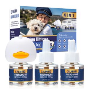 dog pheromone calming diffuser 4 in 1 appeasing pet pheromones diffuser to calm kit (plug in+ 3 pack 48ml refill) for anxiety relief reduce barking aggression fighting stress 90 day supply(tasteless)