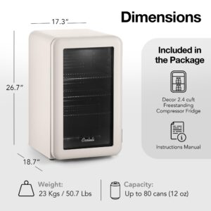 Cooluli Decor 2.4 cu ft Compact Mini Fridge with Glass Door - Small Refrigerator for Bedroom, Office, Dorm - Ideal for Soda Drinks, Beer (Cream)