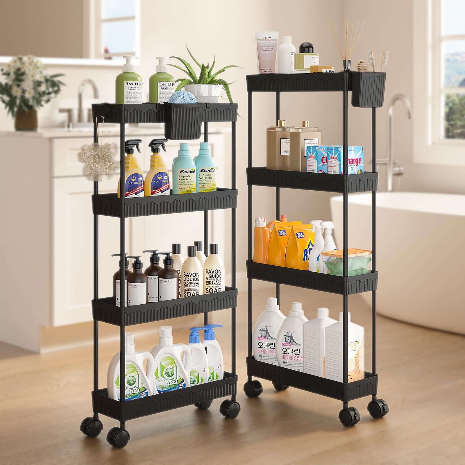 Sevenblue 2 Pack Slim Storage Rolling Cart with Wheels, 4 Tier Rolling Cart Bathroom Organizers and Storage, Utility Cart for Laundry Room Organization, Bathroom and Kitchen Narrow Places, Black