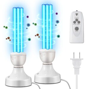 qualirey 2 pack 25 watt uv light, uvc lamp with e27 base and remote control, uv light bulb for basement/bedroom/kitchen, with ozone