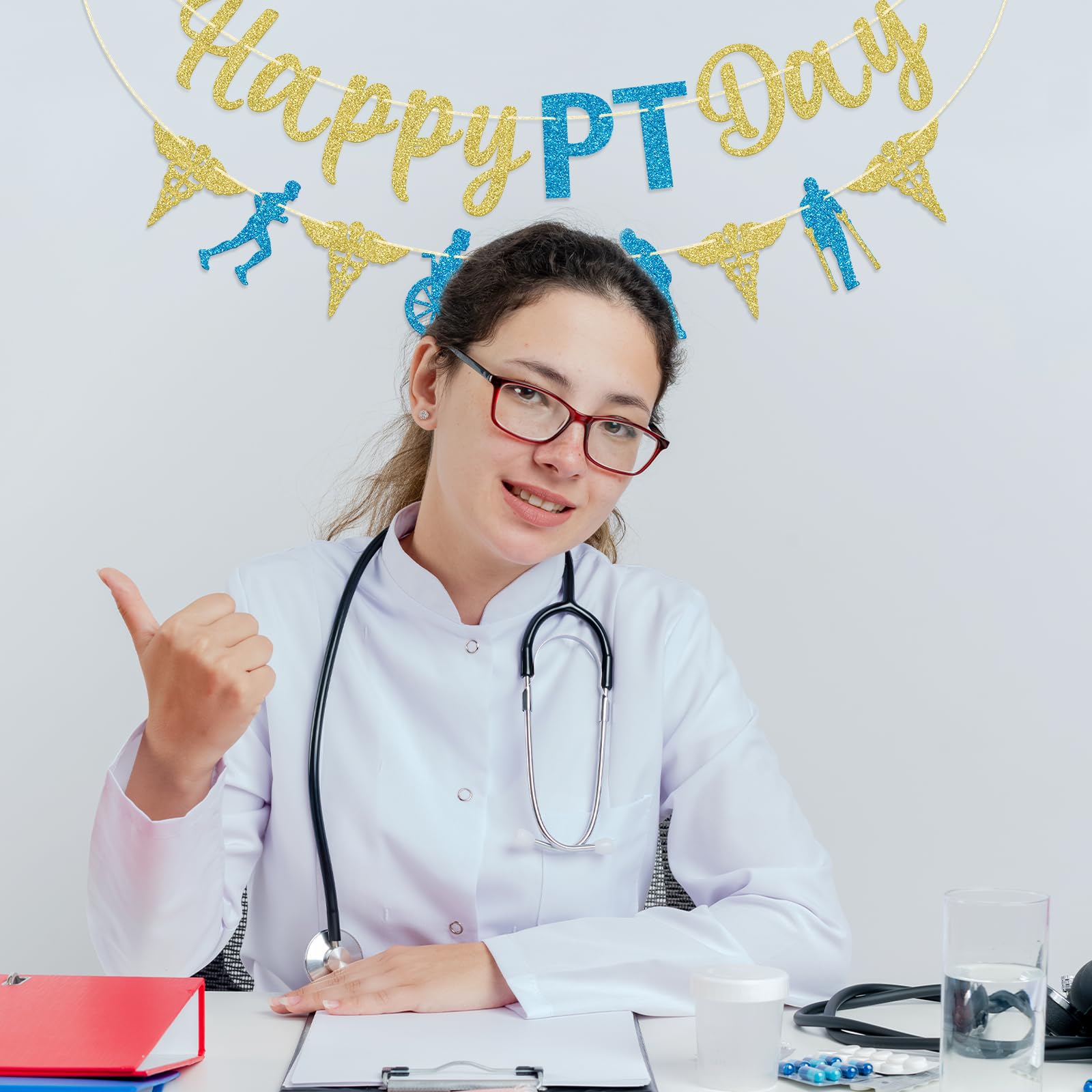 Qttier Happy PT Day Banner, Physical Therapist Day Banner, Physical Therapist Appreciation Party Decor, Happy PT Day Sign, Gold ＆ Blue Glitter