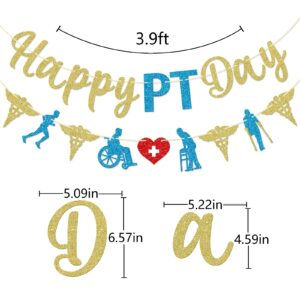 Qttier Happy PT Day Banner, Physical Therapist Day Banner, Physical Therapist Appreciation Party Decor, Happy PT Day Sign, Gold ＆ Blue Glitter