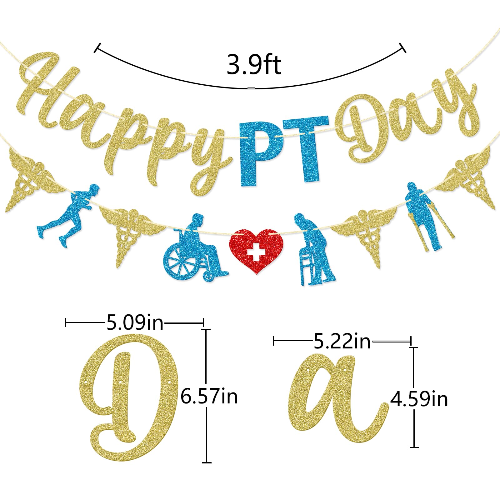 Qttier Happy PT Day Banner, Physical Therapist Day Banner, Physical Therapist Appreciation Party Decor, Happy PT Day Sign, Gold ＆ Blue Glitter