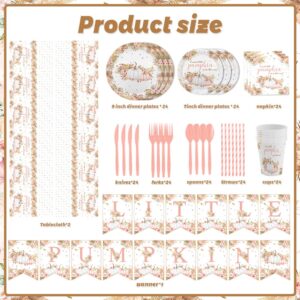 MEHOFOND Boho Fall Pumpkin Baby Shower Decorations Bohemia Floral Little Pumpkin Party Supplies Disposable Tableware Set 195 Pcs Plates Napkins Banners Plastic Tablecloth for Baby Shower Kids Party