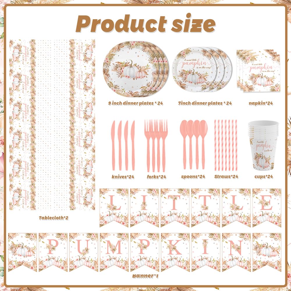 MEHOFOND Boho Fall Pumpkin Baby Shower Decorations Bohemia Floral Little Pumpkin Party Supplies Disposable Tableware Set 195 Pcs Plates Napkins Banners Plastic Tablecloth for Baby Shower Kids Party