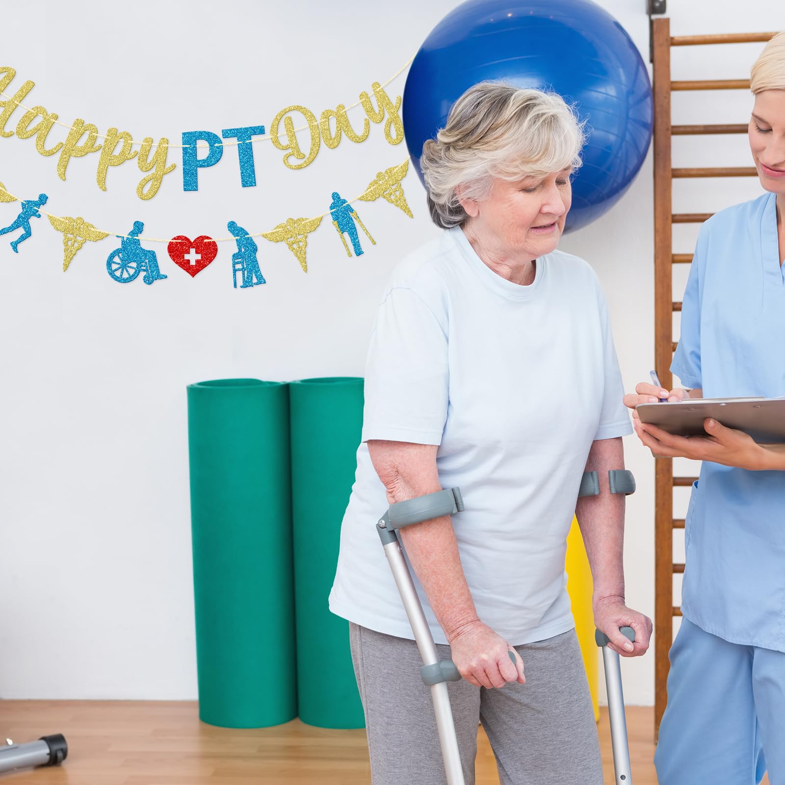 Qttier Happy PT Day Banner, Physical Therapist Day Banner, Physical Therapist Appreciation Party Decor, Happy PT Day Sign, Gold ＆ Blue Glitter