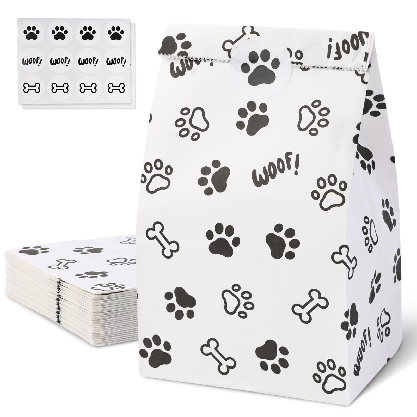 VGOODALL 24PCS Paw Print Treat Bags, 4.7"x 3.1"x 8.7" Puppy Dog Paw Print Gift Bags Black White Dog Paw Party Favors Bags for Girl Boy Baby Shower Birthday Party