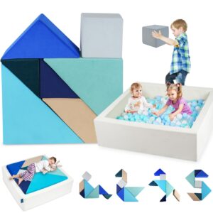 heypappy tangram puzzles kids play couch, 1600+diy toddler modular couch, 37"x37"x12" foam ball pit, 8pcs kids sofa for playroom montessori fort building