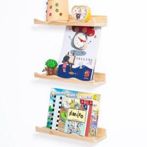 AZSKY Floating Bookshelf for Kids, Picture Ledge Shelf for Wall Decor and Storage 16 Inches Nursery Book Shelves Set 3, Baby Book Shelf for Kids Room Decor(Natural Wood) (Natural, 16Inch)