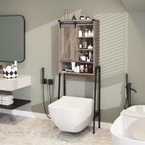 fameill over the toilet storage cabinet,farmhouse storage cabinet over toilet with sliding barn door,bathroom over toliet storage with open shelf, home space-saving toilet rack,grey