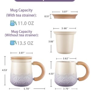 ZENS Tea Mug with Infuser and Lid for Loose Leaf Tea Steeper, 11 oz Embossed Ceramic Tea Cup with Strainers for Tea Steeper, Wood Handle Gradient Tea Cup for Daughter, Collector's Mug Gifts