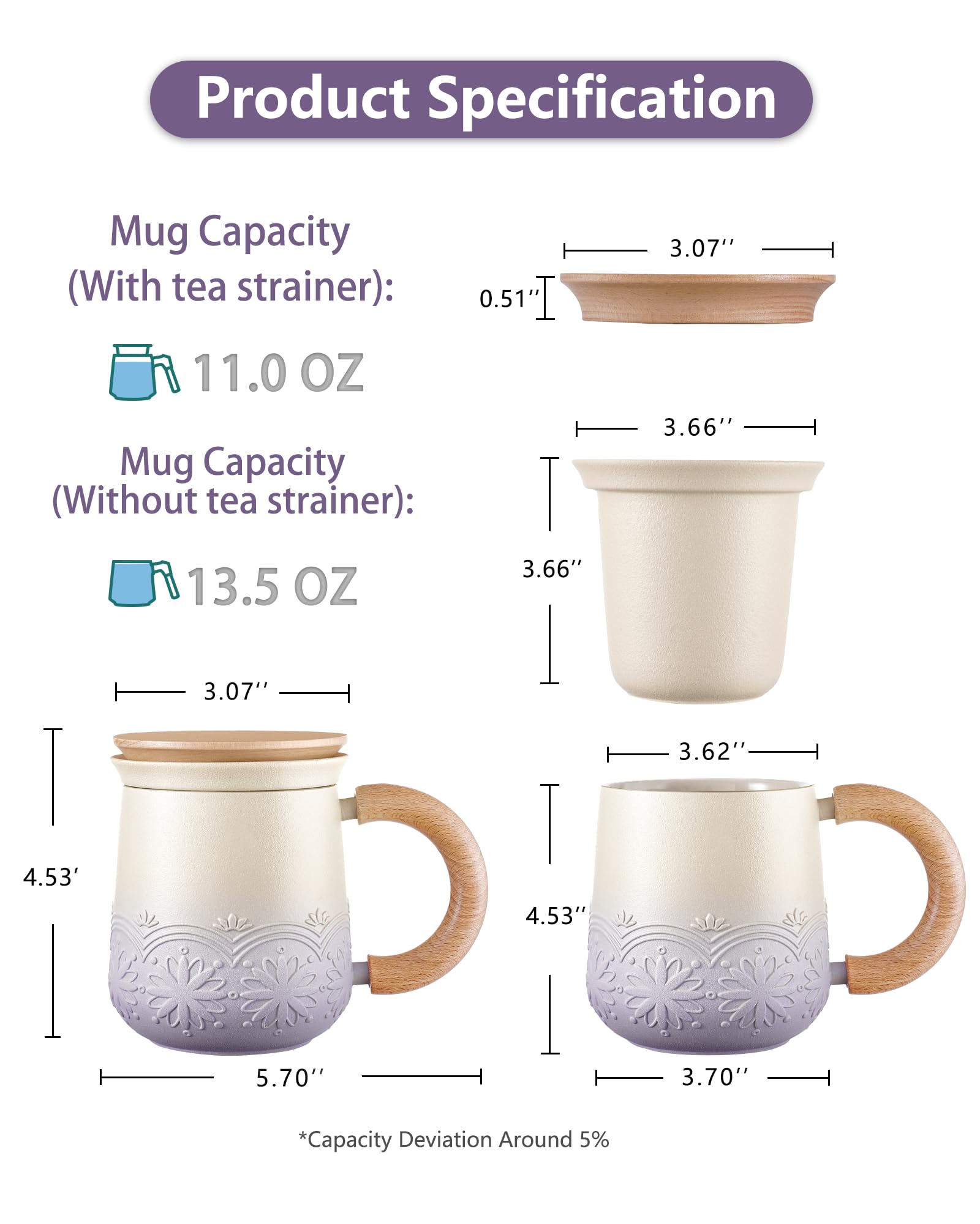 ZENS Tea Mug with Infuser and Lid for Loose Leaf Tea Steeper, 11 oz Embossed Ceramic Tea Cup with Strainers for Tea Steeper, Wood Handle Gradient Tea Cup for Daughter, Collector's Mug Gifts