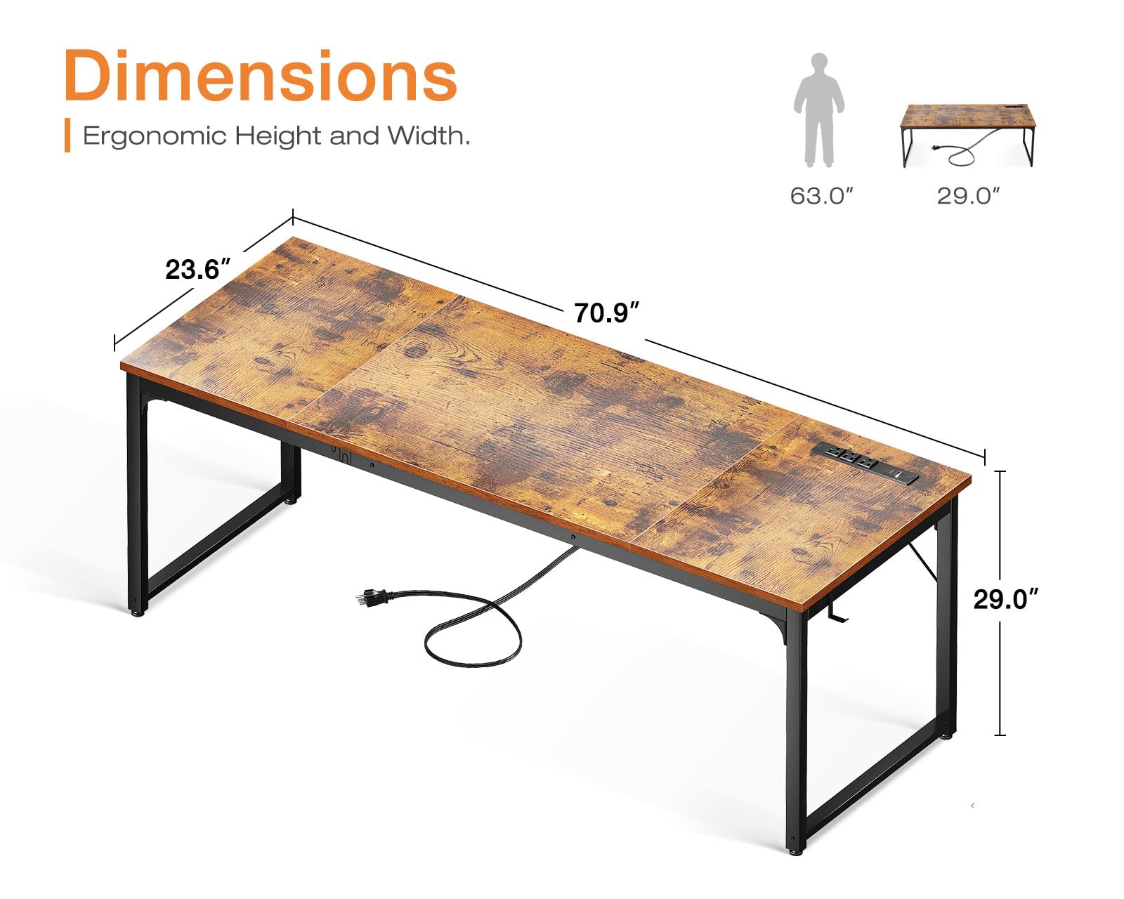 Coleshome 71 Inch Computer Desk with USB Ports, Large Office Desk, Long Study Student Writing Desk, Rustic Brown