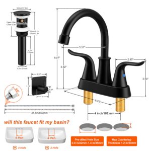 Bathroom Faucet for 3 Hole, Homikit 4 Inch 2-Handle Bathroom Sink Faucet, Matte Black Bathroom Faucets for Sink Vanity RV Lavatory, Stainless Steel Faucet for Bathroom Sink with Drain & Hoses & Hooks