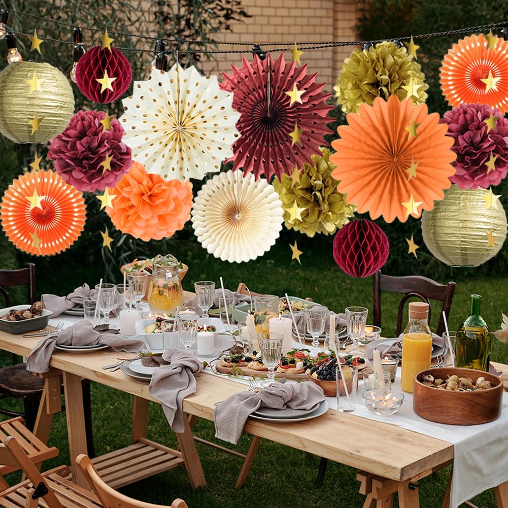 Fall Party Decorations Orange Burgundy Gold Paper Pom Poms Paper Fans Paper Lanterns Gold Satr Garland Banner for Fall Autumn Harvest Birthday Thanksgiving Party Supplies