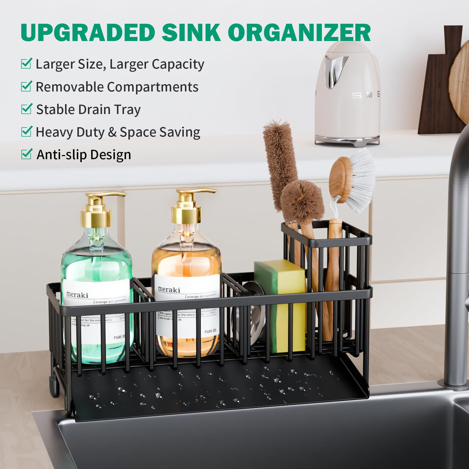 TomCare Sponge Holder for Kitchen Sink Extra Large Sink Caddy with Drain Tray Brush Holder Rustproof Kitchen Sink Organizer with 2 Adjustable Dividers Durable Kitchen Storage Accessories for Counter