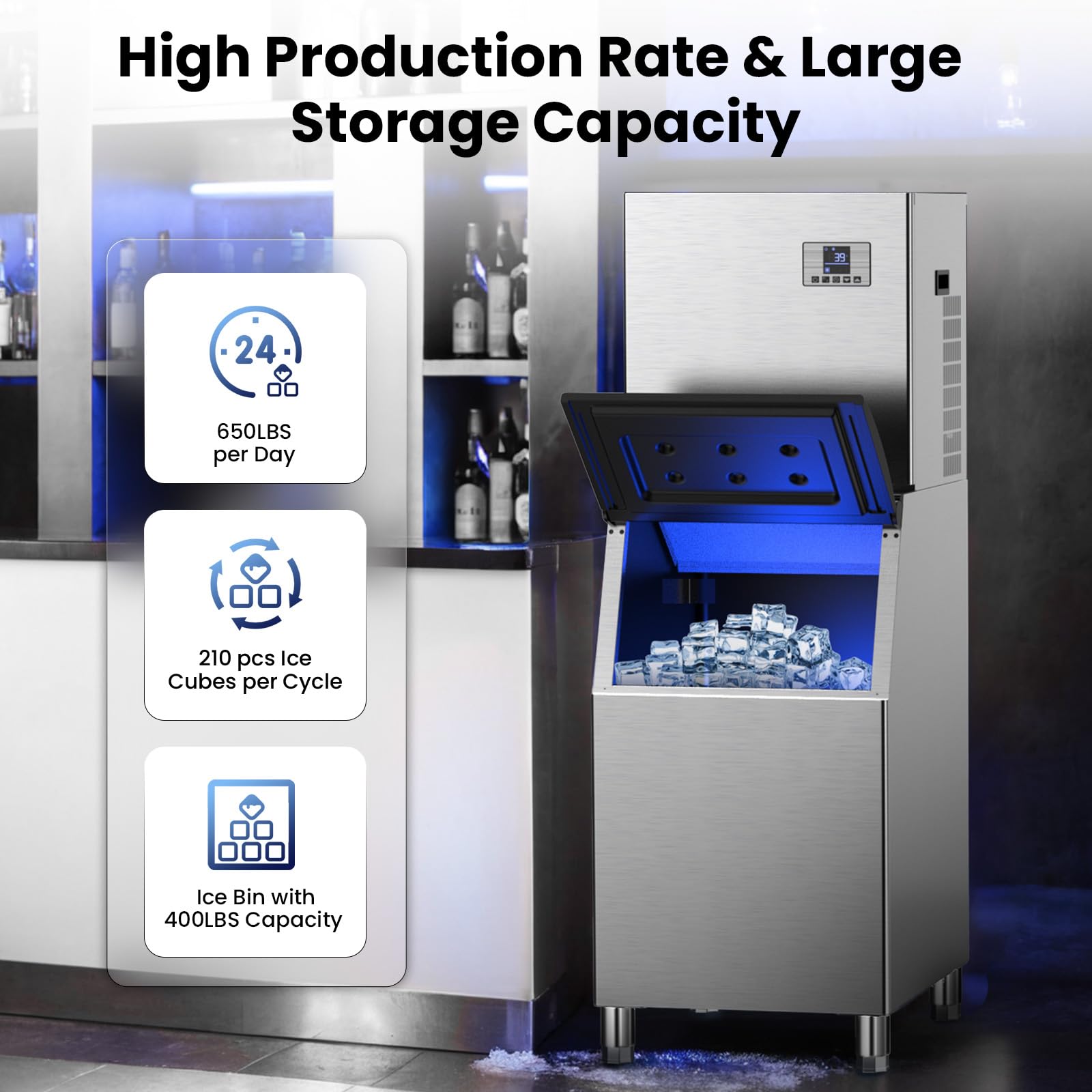 Commercial Ice Maker Machine 650lbs/24h,Large Capacity 400lbs,Industrial Nugget Icemaker with Self Cleaning Function,210 Counts Ice Ready in 4-12 Min,Clear Ice Cube for Cafe,Restaurant,Home