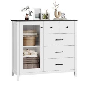 hostack 5 drawer dresser with glass door, white dresser for bedroom, modern chest of drawers with shelves, tall dresser wood storage cabinet for bedroom, living room, white/black