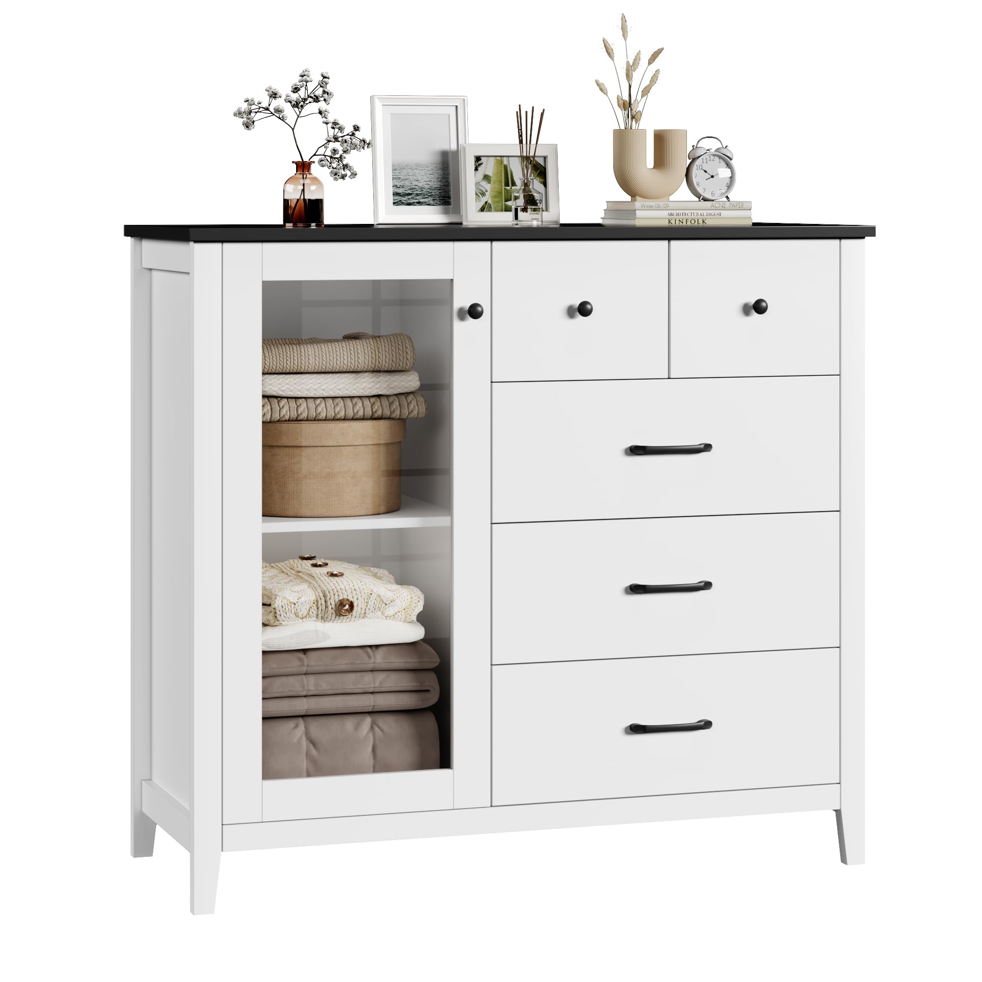 HOSTACK 5 Drawer Dresser with Glass Door, White Dresser for Bedroom, Modern Chest of Drawers with Shelves, Tall Dresser Wood Storage Cabinet for Bedroom, Living Room, White/Black