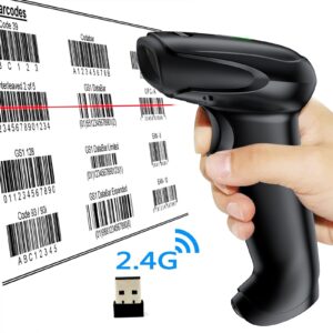 Symcode Wireless Barcode Scanner Versatile 2-in-1 (2.4Ghz Wireless+USB 2.0 Wired) Handheld Automatic 1D Laser Barcode Scanner 328 Feet Transmission Distance Rechargeable 1D Laser Bar Code Scanner