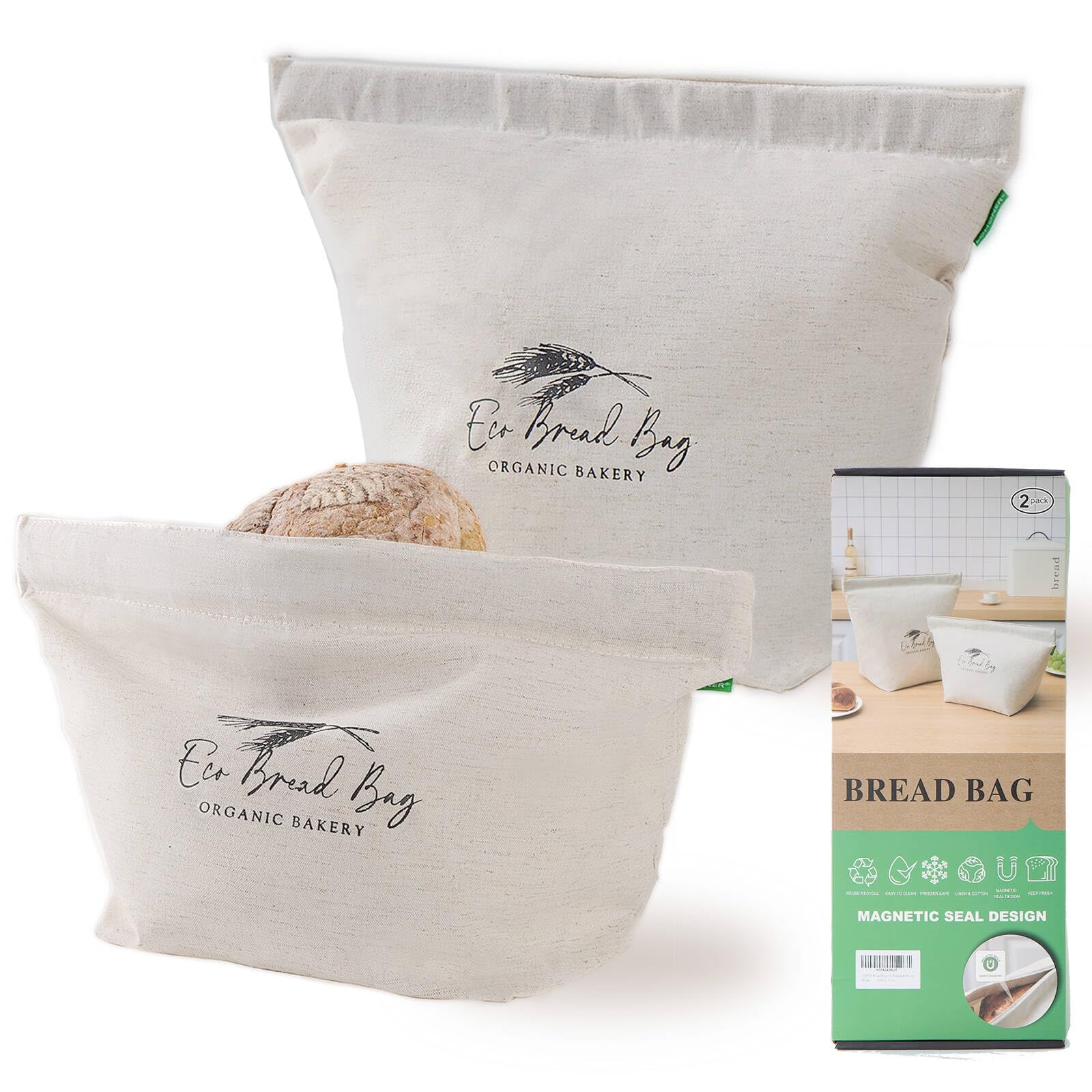 LOHONER Bread Bags for Homemade Bread - 2 Pack Reusable Sourdough Bread Bags, Linen and Cotton Homemade Bread Storage with Plastic Lined