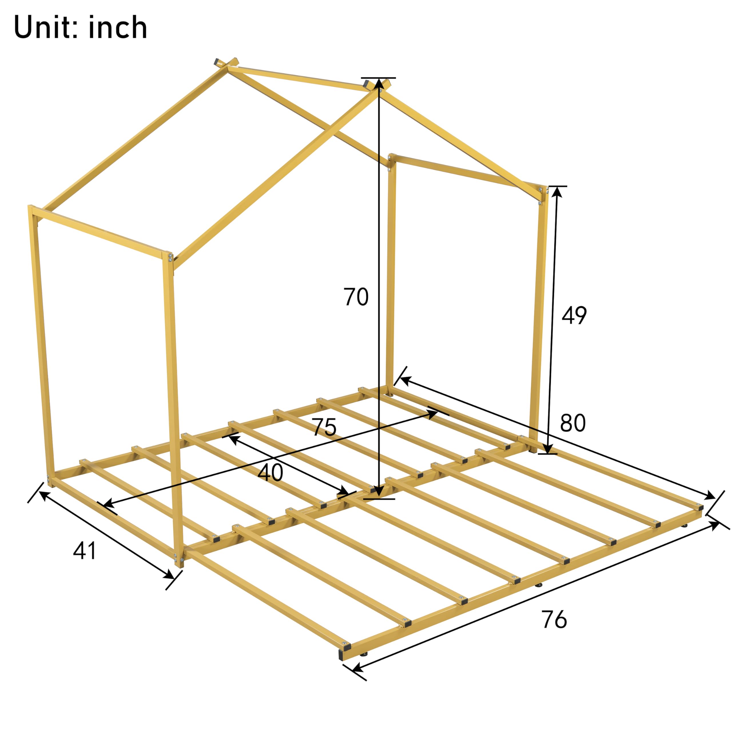 Merax Metal Twin Size House Platform Bed with Trundle, Floor Bed Frame with Roof & Slat, Twin to King Design Playhouse Beds for Kids, Gold