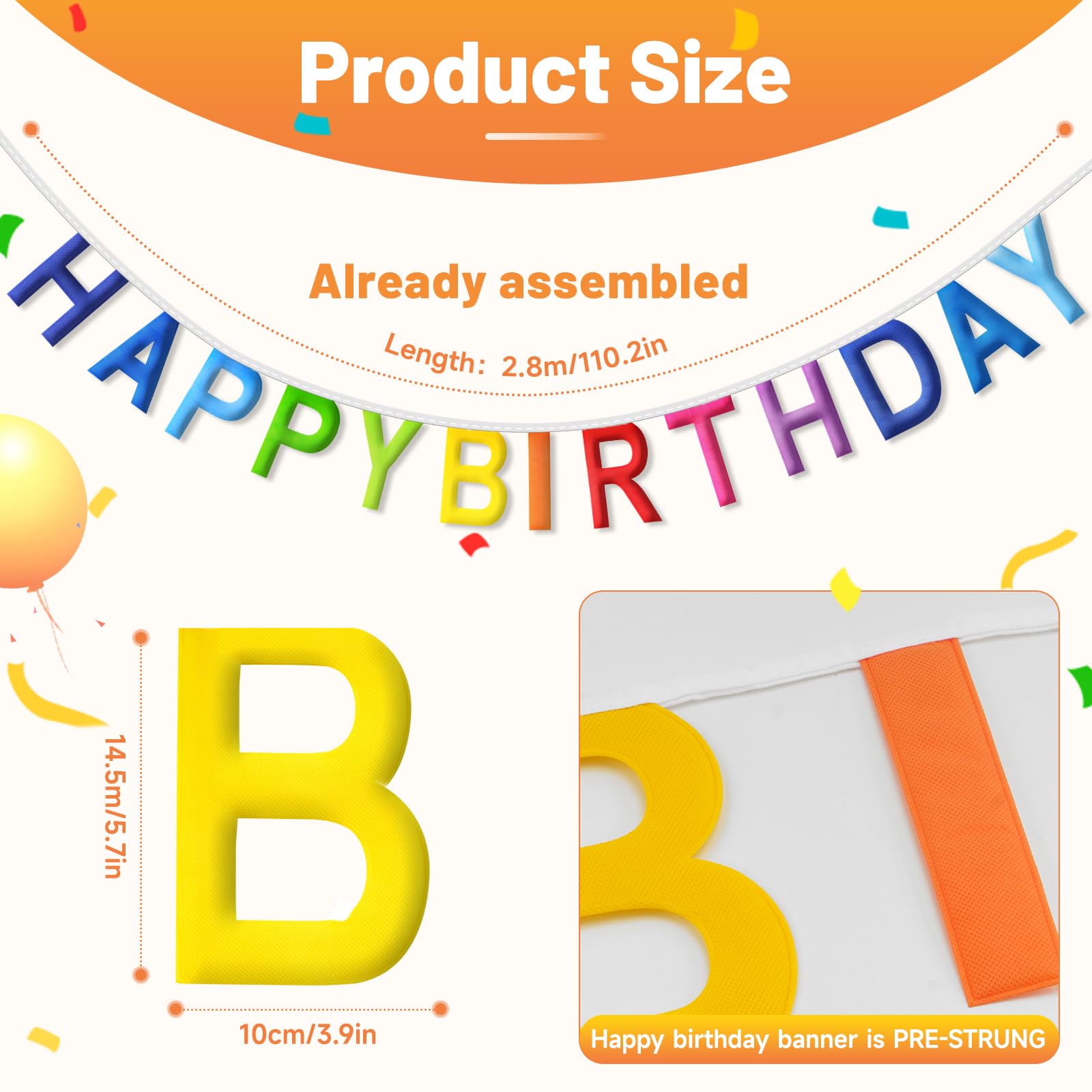 Pre-Strung Happy Birthday Banner NO DIY Happy Birthday Sign Reusable Personalized Birthday Party Banner Birthday Hanging Decoration Photo Prop for Kids Women Men Girl Boy (Rainbow)