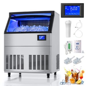 commercial ice maker machine 280lbs/24h with 100lbs storage, 26" undercounter ice maker, stainless steel, powerful compressor, freestanding cube ice machine for bar/restaurant/home