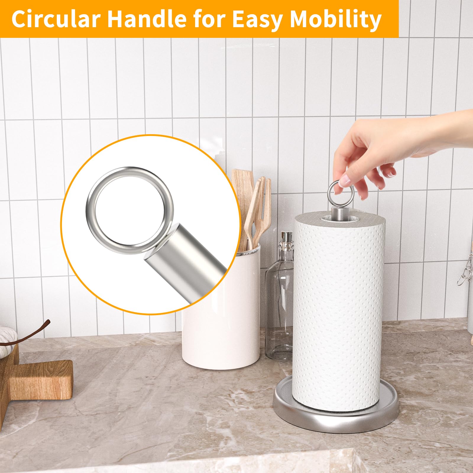 Paper Towel Holder Countertop, Silver Stainless Steel Paper Towel Holder for Standard & Jumbo Rolls, Paper Towel Holder Stand with Weighted Anti-Slip Base for Kitchen Bathroom