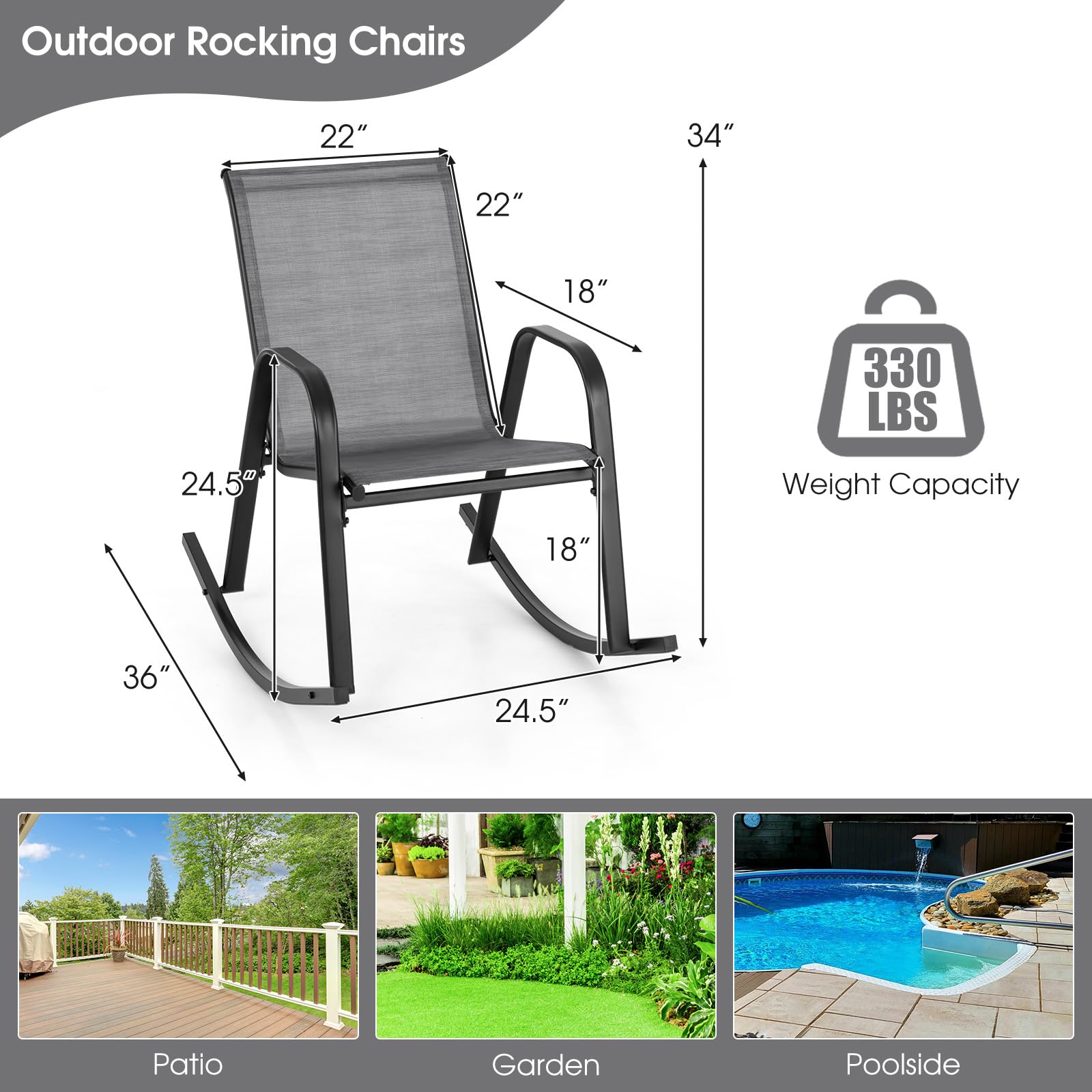 Giantex Outdoor Rocking Chairs Set of 2, Patio Rocking Chairs w/Breathable Seat & Back, Heavy-Duty Metal Support, Ergonomic Outside Rocker for Backyard, Poolside, Garden (1, Grey)