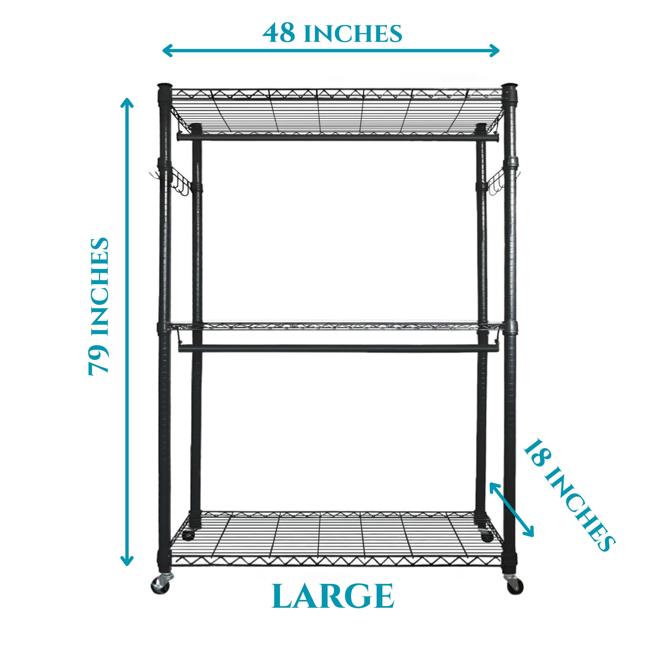 Rossmore Home Essentials Heavy Duty Rolling Garment Rack 3 Tiers Adjustable Wire Shelving Clothes Rack with Double Rods and Side Hooks, Freestanding Wardrobe Storage Rack Metal Clothing Rack, White(L)