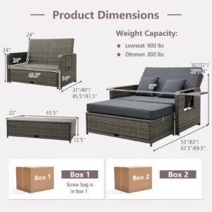 RELAX4LIFE Wicker Patio Outdoor Daybed - Rattan Day Bed Lounger with Loveseat & Storage Ottoman, Sunbed Sofa Set w/Cushions, 4-Level Adjustable Backrest & 2 Retractable Trays, Patio Daybed (Grey)