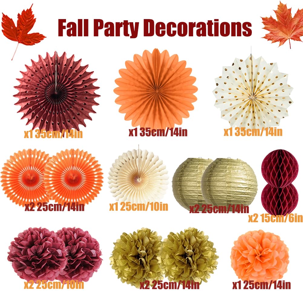 Fall Party Decorations Orange Burgundy Gold Paper Pom Poms Paper Fans Paper Lanterns Gold Satr Garland Banner for Fall Autumn Harvest Birthday Thanksgiving Party Supplies