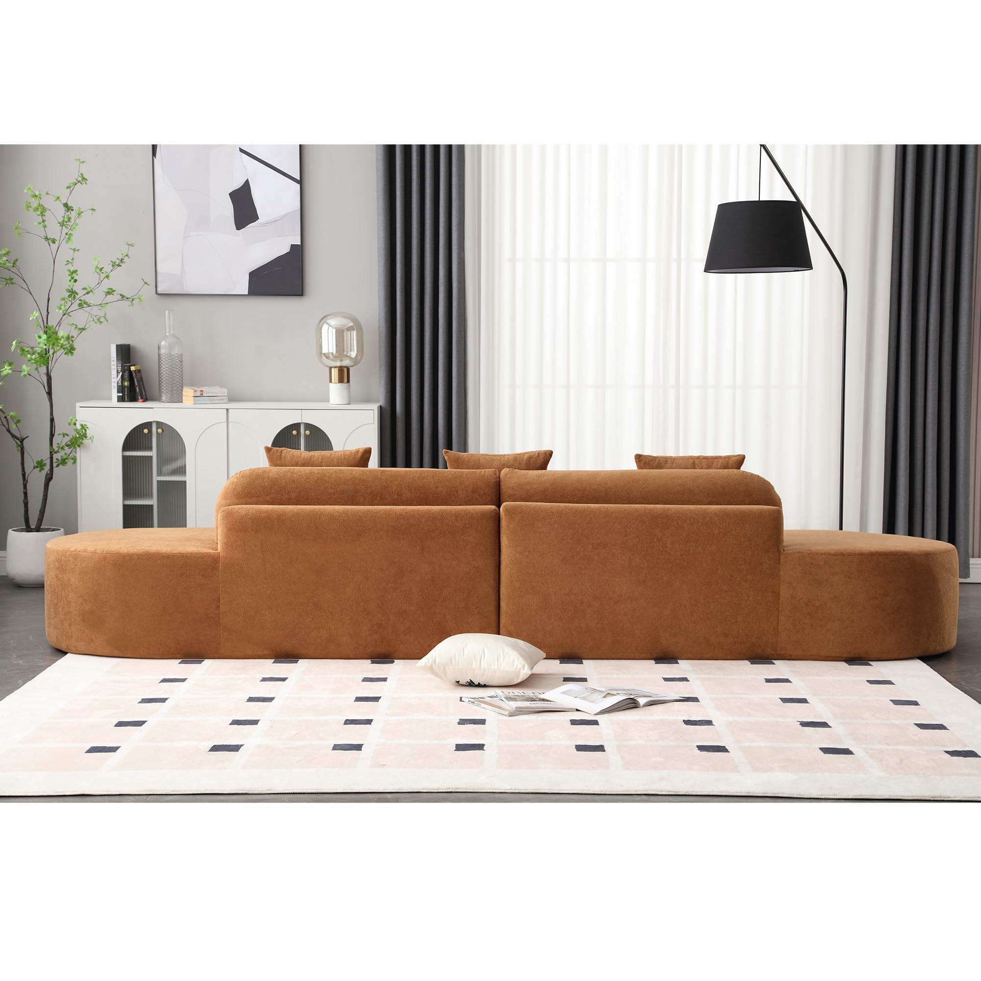 Modern curved sectional sofa - terrycloth fabric sofa, lounge sofa in living room, apartment, no assembly required, three pillows (Brown)