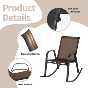 Tangkula Patio Rocking Chair Set of 2, Outdoor Ergonomic Rockers with Breathable Fabric Seat, Gentle Rocking Function, Sturdy Metal Rocker for Front Porch, Backyard, Garden (1, Dark Brown)