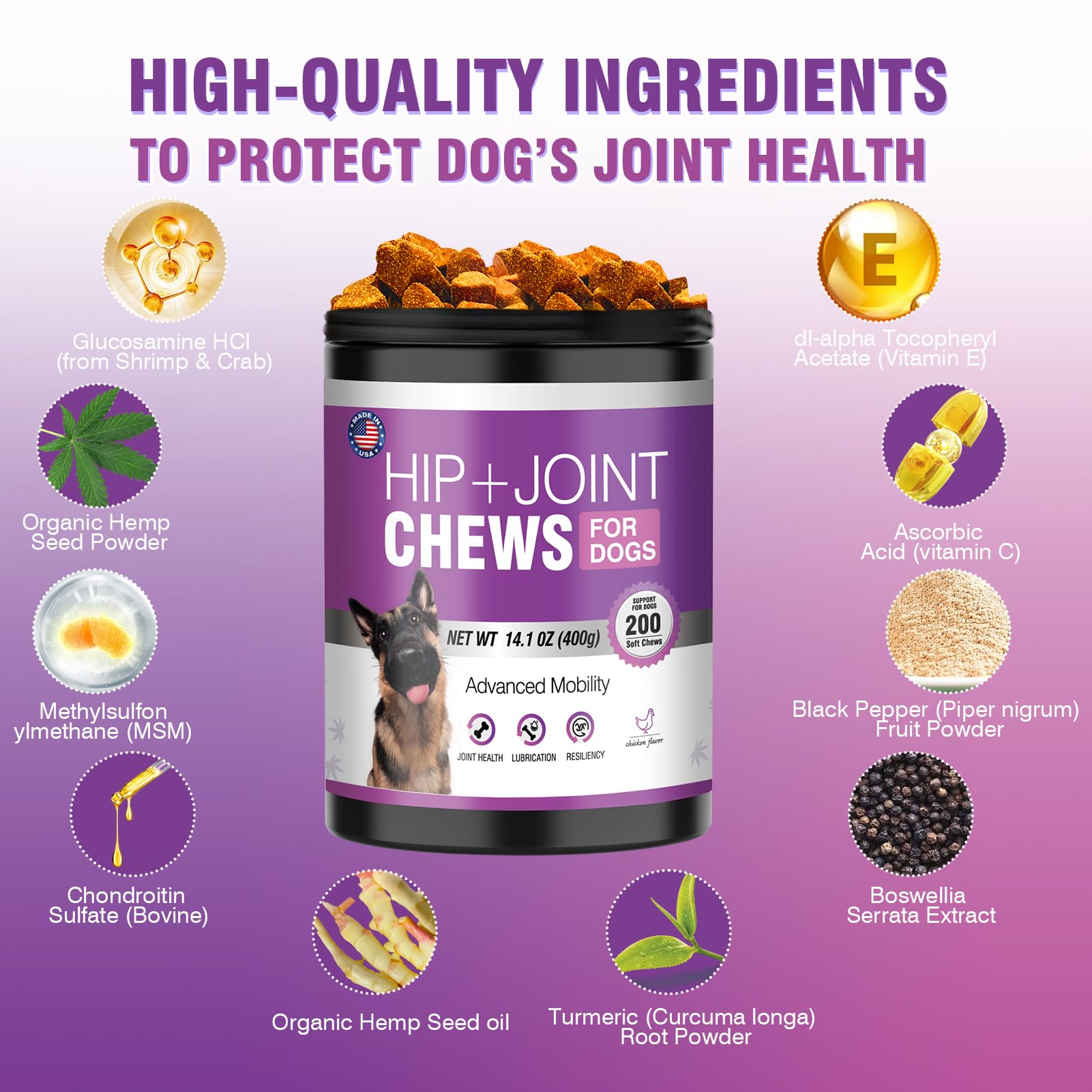 Glucosamine for Dogs 200pcs Joint Support Supplement Dog Hip and Joint Chondroitin Chews Treats with MSM Hemp Dog Joint Pain Relief Mobility Supplements Chicken Flavor Fit All Large Small Medium Breed